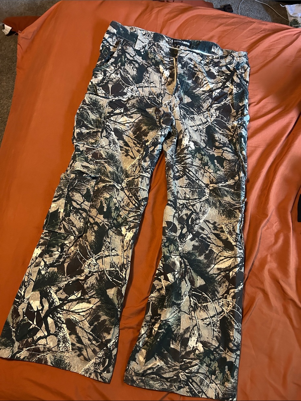 Fashion Nova Green & Beige Camouflage Flare Jeans